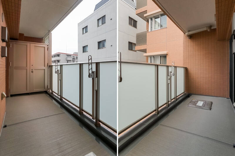 奥行きにゆとりのあるバルコニー。手すりには物干し金具が備わっています。