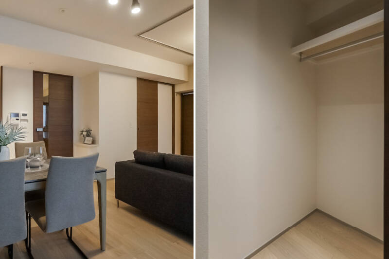 <b><b>左・</b></b>正面右手の引き戸を開くと……／<b><b>右・</b></b>納戸が出現！ 季節家電などの大きなモノを収納できる場所が確保できるのはありがたい。