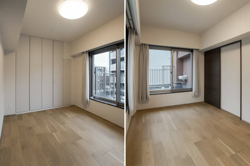 北東と南東の二面採光。窓の外はルーフバルコニーにつながっています。壁の一面を埋め尽くすほどの大容量クローゼットが心強い。