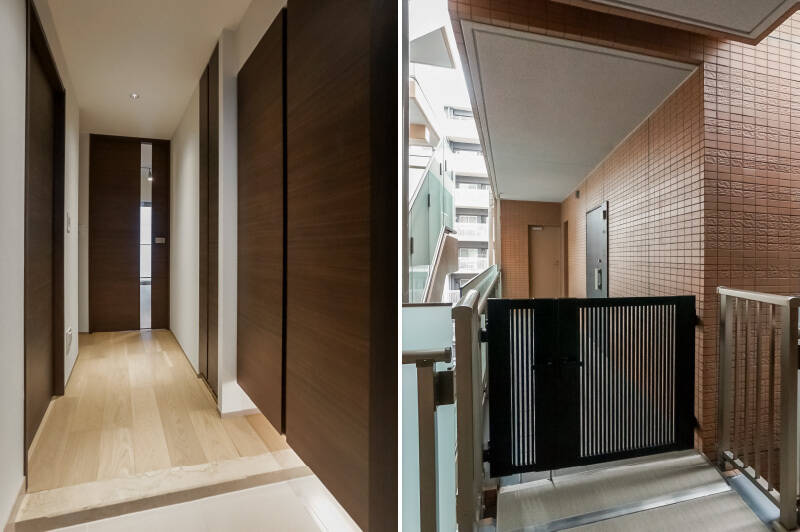 <b><b>左・</b></b>玄関には、間接照明が仕込まれた下足入れが備わっています。／<b><b>右・</b></b>ポーチ付きなのでプライベート性高めなのもうれしい。