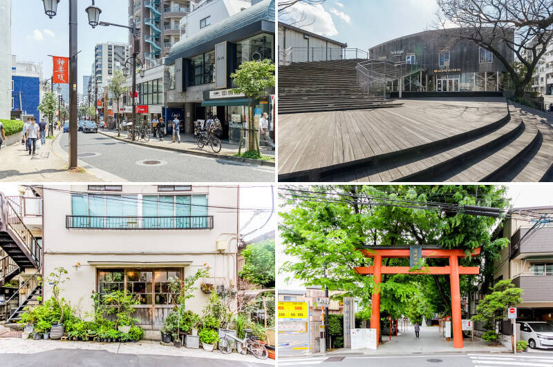 <b>左上・</b>最寄りは、東京メトロ東西線「神楽坂」駅。グルメスポットがひしめく賑わいのあるエリアでありながら、どこか品も感じられる街。（徒歩6分）／<b>右上・</b>セレクトショップ「AKOMEYA TOKYO in la kagu（アコメヤ トウキョウ イン ラカグ）」。食に関する雑貨が豊富なので、キッチンまわりのグッズ選びにぜひ。（徒歩9分）／<b>左下・</b>赤城坂にある山野草を扱う和の風情漂うフラワーショップ「小路苑」では、毎月一回フラワーアレンジメントの教室を行っているそう。（徒歩5分）／<b>右下・</b>住宅街の中にひっそりと佇む「赤城神社」。カフェも併設されています。（徒歩4分）