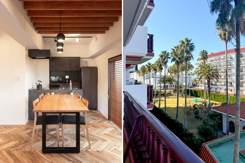 <p><b>左・</b>キッチンはややコンパクトですが、背面にはカウンターと収納が備わっていて利便性◎/<b>右・</b>リビングからの眺望。椰子の木ビューです♪</p>