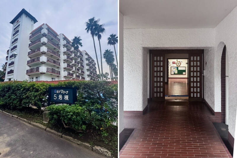 <b>右・</b>今回ご紹介したお部屋がある棟の外観。ホワイトの壁に、エンジ色
のバルコニーの手すりが可愛い! /<b>右・</b>エントランスは、レンガ風タイルで外観との統一感があります。