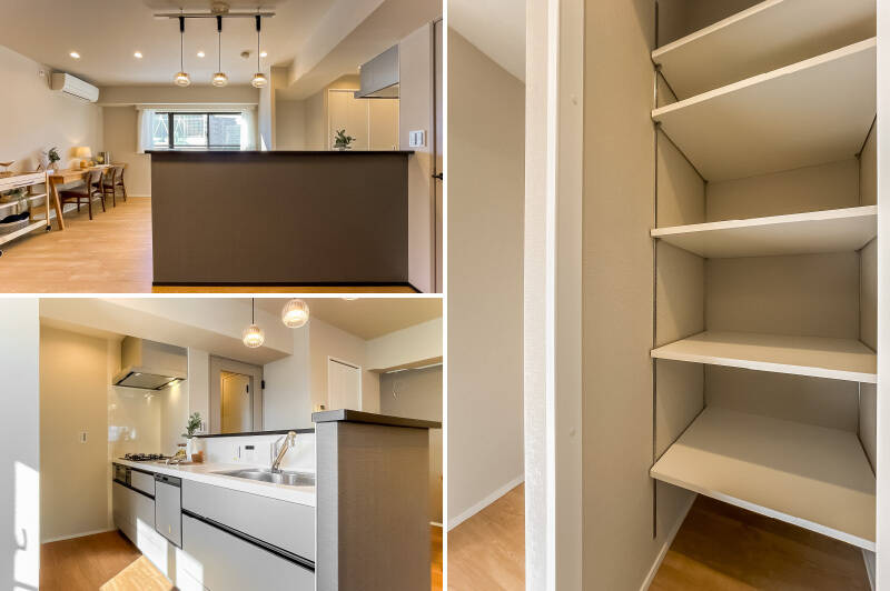 <b>左・</b>キッチンは3口コンロタイプで食洗機付き。袖壁が高めで、調理中の手元が隠れやすい造りです。／<b>右・</b>冷蔵庫の並びには扉付きのパントリーが設けられており、食品や日用品をまとめて管理できます。