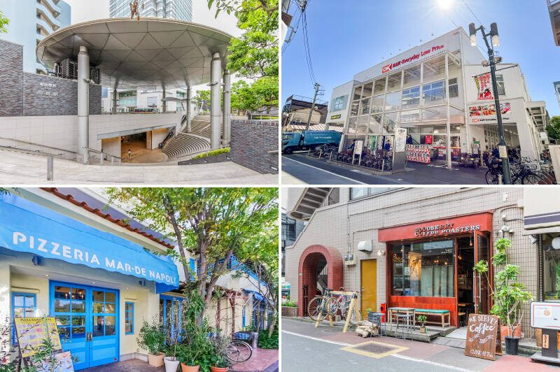 <b>左上・</b>最寄り駅は東急田園都市線「用賀」で、渋谷までは一本でアクセス可能。駅前には「用賀商店街」や「用賀プロムナード」が広がり、活気のある街並みです。（徒歩7分）／<b>右上・</b>食材の調達は「オーケーストア 用賀駅前店」が便利。（徒歩9分）／<b>左下・</b>爽やかなブルーのオーニングが目印の「MAR-DE-NAPOLI（マルデナポリ）」は、カジュアルなイタリアンレストラン。お子さま連れでもゆっくり過ごせます。（徒歩10分）／<b>右下・</b>田中橋交差点の近くにあるコーヒー専門店「WOODBERRY COFFEE ROASTERS（ウッドベリーコーヒーロースターズ）」。併設のコーヒースタンドでは、フレッシュな自家焙煎コーヒーをテイクアウトできます。（徒歩6分）