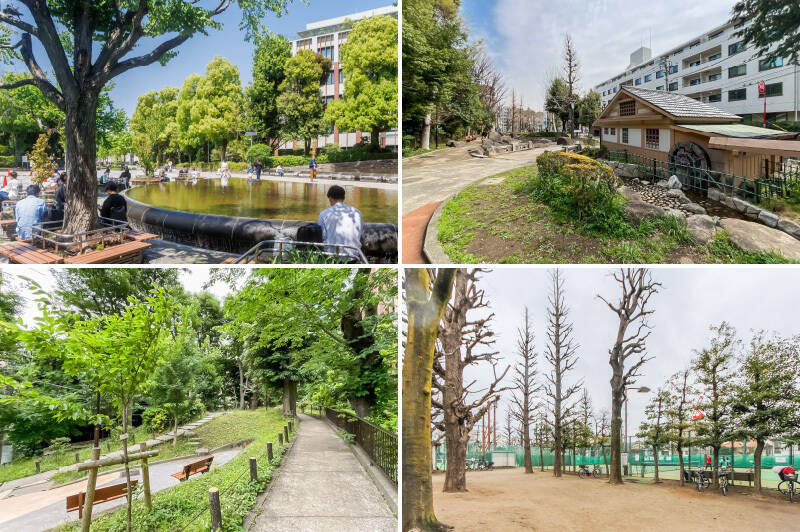 <b><b>左上・</b></b>今回ご紹介する物件の最寄りは、東京メトロ丸の内線「茗荷谷」駅（徒歩3分）。駅の北側、筑波大学キャンパスの裏手には「教育の森公園」が広がり、歩くだけで森林浴気分を味わえます。（徒歩3分）／<b>右上・</b>さらに、隣接する敷地は池泉回遊式庭園「占春園」として知られています。（徒歩7分）／<b>左下・</b>「湯立坂」を歩くと、彫刻が置かれた広場や小川の流れを楽しむことも。（徒歩3分）／<b>右下・</b>マンションのすぐ近くには「竹早テニスコート」が。文京区の施設なので、個人でも利用可能です。（徒歩2分）