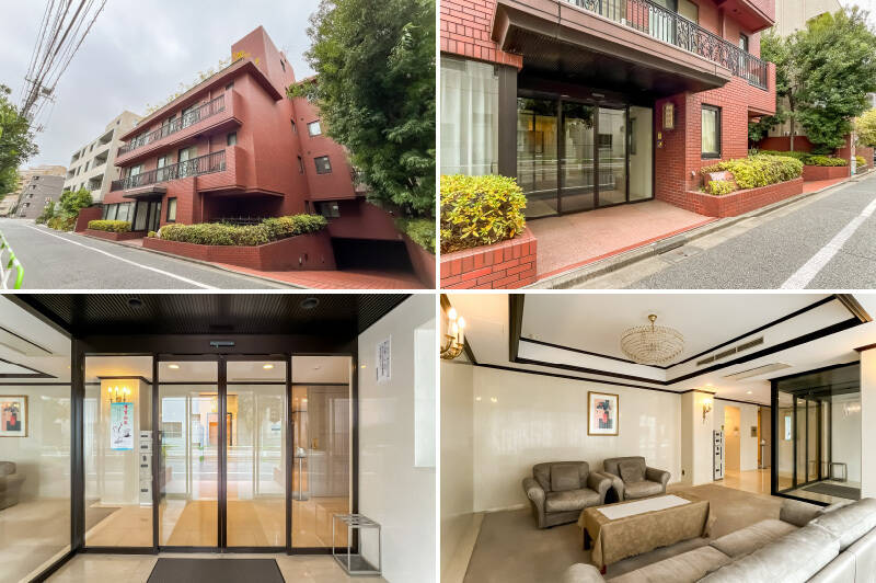 <b>上・</b>1989年に竣工した、新耐震基準適合の建物。赤レンガタイルをまとった重厚感ある印象で、バルコニーの意匠やステンドガラスの外灯も美しい外観です。／<b>下・</b>オートロック扉の先には、ホテルのような応接スペースを設けた共用ロビーが。