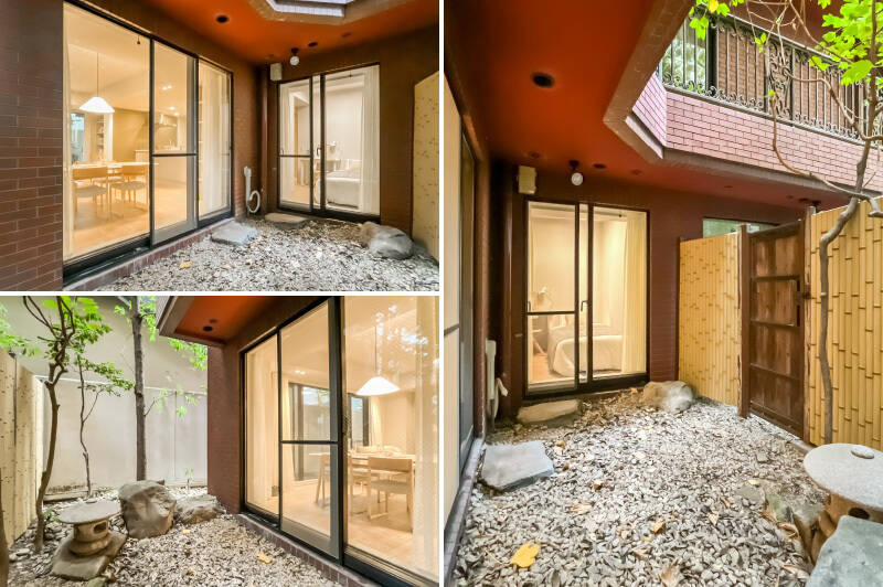 窓の外は、プライベート感のある約38㎡の専用庭。石敷きの庭には灯籠が配されており、落ち着いた景観が広がります。