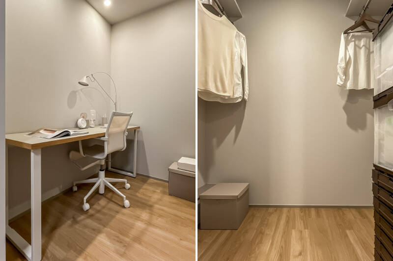 <p><b style="font-weight: bold;">左・</b>フリースペースには幅広のワークデスクを置ける余白があり、お子さまの学習を横で見てあげるような使い方もできそう。／<b><b>右・</b></b>WICは左右に枕棚とハンガーパイプが備わった造りで、ご夫婦で使い分けることができます。</p>