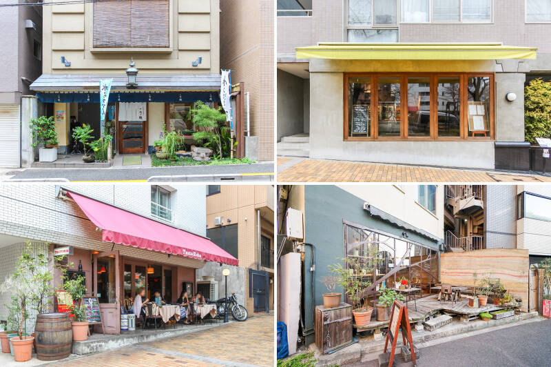 <b><b>左上・</b></b>1977年に創業した老舗和菓子屋「一幸庵（いっこうあん）」。看板メニューはわらび餅。（徒歩3分）／<b><b>右上・</b></b>播磨坂の桜並木沿いにある「中勢以（なかせい） 」は、ミシュランの星も獲得したドライエイジング肉の名店です。（徒歩4分）／<b>左下・</b>同じ通りにはイタリアンレストラン「Tanta Roba（タンタ ローバ）」も。ランチタイムには、週替わりのパスタをリーズナブルにいただけます。（徒歩6分）／<b>右下・</b>カフェバー「totoru（トトル）」には、美味しいコーヒーやフードメニューが充実。散歩中にふらりと立ち寄りたくなるお店です。（徒歩6分）