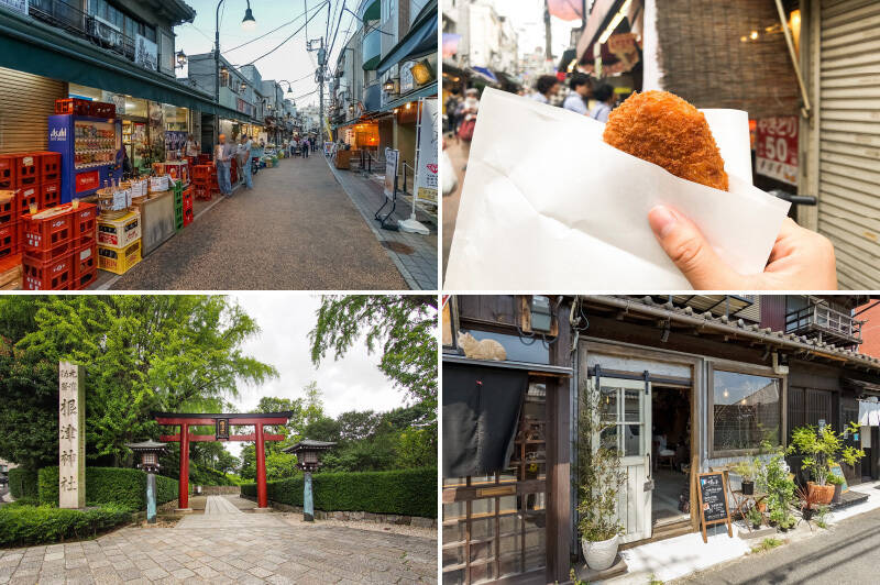 <b>左上・</b>谷根千の顔でもある「谷中銀座商店街」には昔ながらの個人商店を中心に、約60店舗が軒を連ねます。（徒歩7分）／<b>右上・</b>「惣菜いちふじ」では店先においしそうなお惣菜が目白押し。あつあつで食べ歩きでもいいし、揚げ物系はもっぱらテイクアウトでも大助かり！（徒歩9分）／<b>左下・</b>約1900年の歴史を誇る「根津神社」は、緑豊かで落ち着いた雰囲気が魅力。春にはつつじが咲き誇り、身近に四季を感じられます。（徒歩7分）／<b>右下・</b>「le coin（ル・コワン）」は雑貨販売もする人気カフェ。お花がデコレーションされた美しいパフェは必食です！（徒歩7分）