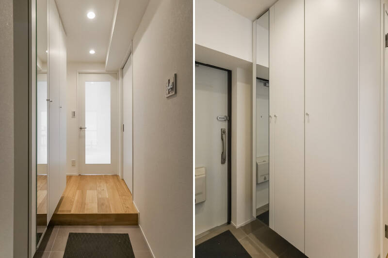 玄関を開けると正面にあるのがLDKへと続く扉です。すぐ左にはシューズボックス。姿鏡があるのでお出かけ前のチェックも楽々できますね。