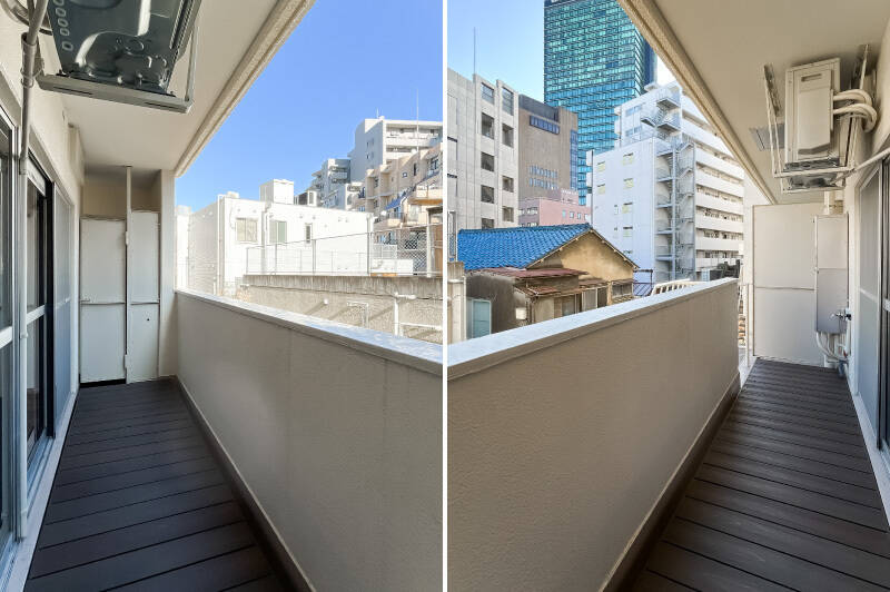 ワイドサイズのバルコニー。洗濯物や布団を干すことは規約で禁止されていますので、乾燥機付きのバスルームや洗濯機を活用するか、屋上にある洗濯物干しスペースをご利用ください。