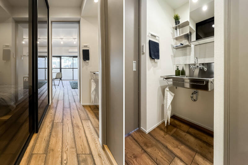 洗面台は廊下に配置。帰宅後すぐに手が洗える動線になっています。