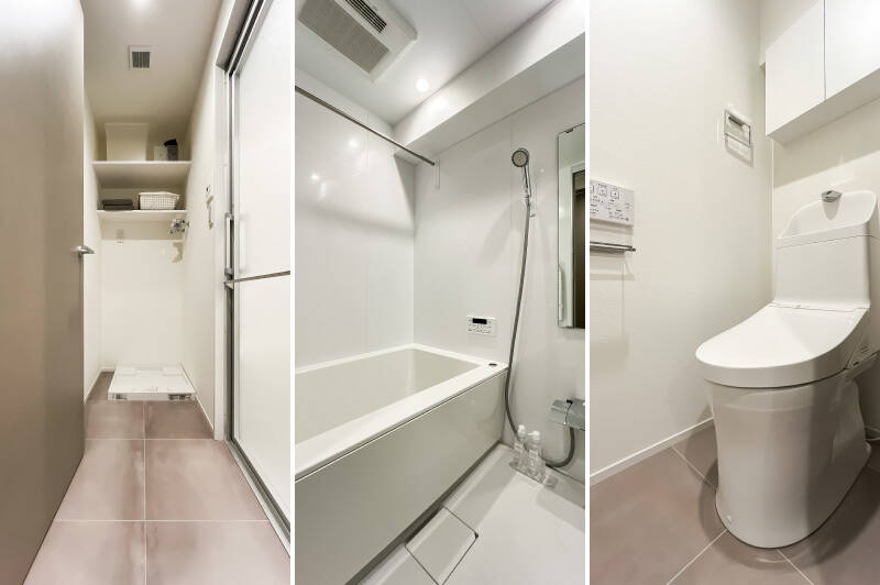 <b>左・</b>洗面室に入って正面に洗濯機置き場を配置。／<b>中央・</b>1216サイズのユニットバス。浴室乾燥機付きです。／<b>右・</b>トイレは洗面室からアクセスします。