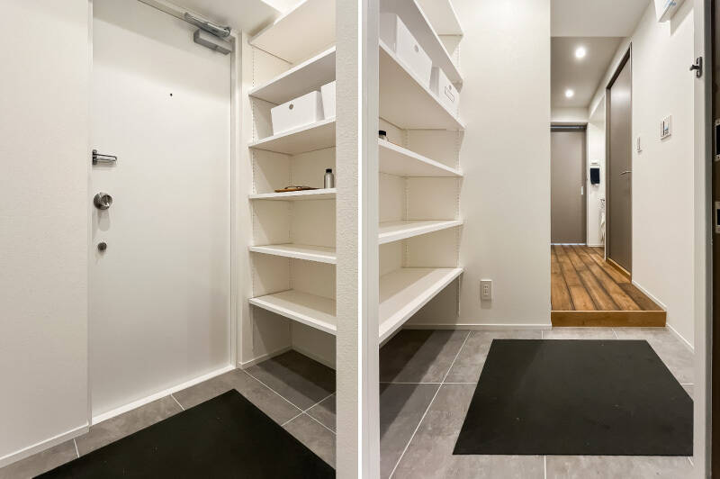 オープンタイプの靴収納。棚は可動式のため、収納するものに合わせて高さを調整できます。