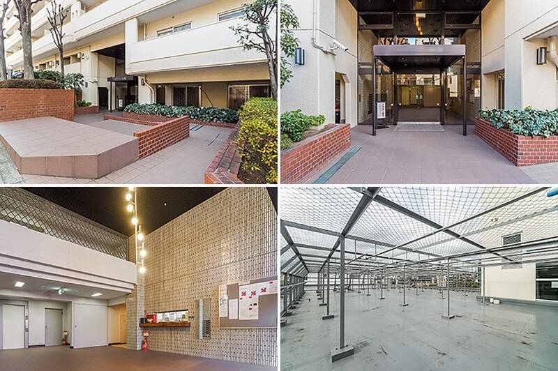 <b>左上・</b>植栽が出迎える、上品なエントランスアプローチ。／<b>右上・</b>自動扉の先には……。／<b>左下・</b>豪快な吹き抜け構造の共用ロビーが。／<b>右下・</b>屋上にある居住者専用の物干しスペース。空が大きく見えて気持ちいい！