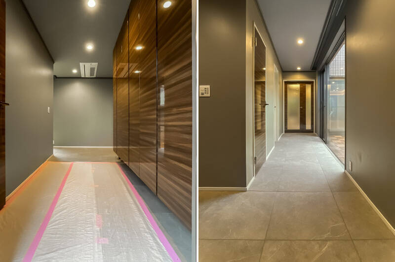 大判の磁器タイルが張られた玄関。廊下を曲がると右手の大きな開口から自然光が降り注ぎます。