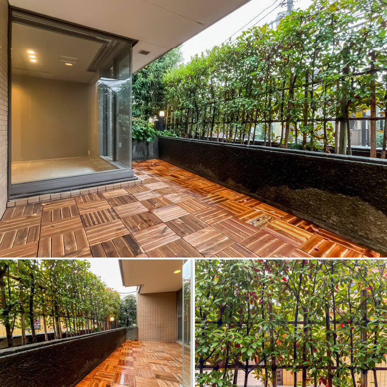 南向きのガーデンテラス。先ほどのBBQスペースと同様にウッドデッキが敷かれ、室内とひと続きの空間としてお使いいただけそう。