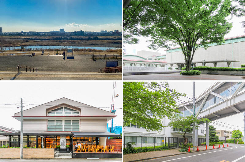 <b>左上・</b>南へ下れば多摩川の雄大な景色が広がります。（徒歩17分）／<b>右上・</b>北へ上れば美術館も併設した「砧公園」。（徒歩12分）／<b>左下・</b>閑静な住宅街に佇む隠れ家レストラン「GRILL&amp;DINING用賀倶楽部」。お子さまやペットもOKです。（徒歩9分）／<b>右下・</b>「St. Mary’s International School」にも徒歩18分の距離。