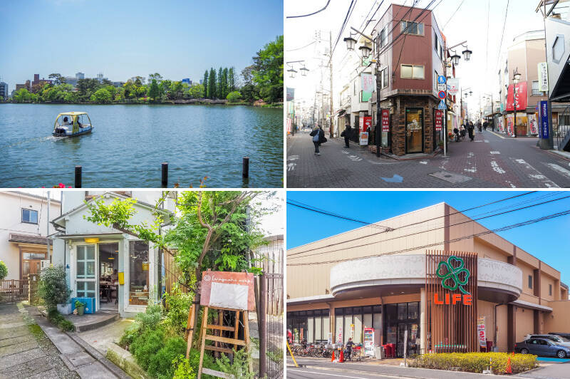 <b>左上・</b>ボート乗り場もある「洗足池公園」まで徒歩15分。湖畔には図書館もありますよ。／<b>右上・</b>最寄りの「長原」駅前には商店街 “ぱすてる長原” が。（徒歩10分）／<b>左下・</b>そんな商店街沿いにある「wagashi asobi」。珍しいドライフルーツ入りの羊羹などを販売しています。（徒歩12分）／<b>右下・</b>マンションから徒歩3分の距離にスーパー「ライフ 上池台店」があって便利。なお、ライフと同じ通り沿いに「東急ストア 上池台店」もありますよ（徒歩7分）。