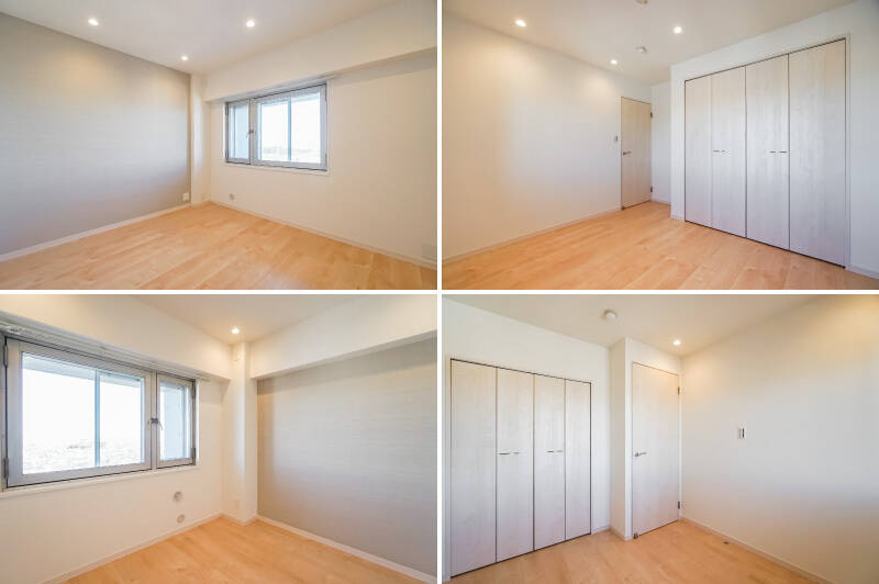 洋室Bは約5.6帖（上）で、洋室Cは約4.3帖（下）。いずれも品のいいグレーのアクセントクロスがあしらわれており、余裕ある大きさのクローゼットが備わっています。