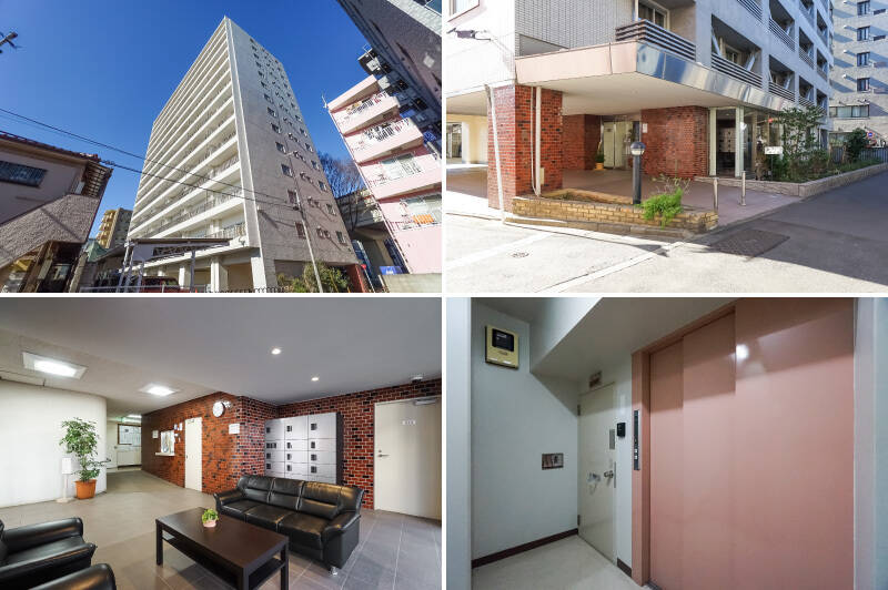 <b>左上・</b>1971年竣工、総戸数78戸のマンションです。耐震補強工事により新耐震基準を満たしています。／<b>右上・</b>エントランスは甲州街道沿いに。夜間はオートロックがかかる仕様です。／<b>左下・</b>ガラス張りの明るい共用ロビー。宅配ボックスを追加装備しているのは見逃せないポイントですね。／<b>右下・</b>ブロックごとに使用するエレベーターが分かれており、住戸が所在する12階へは3号基で向かいます。降りてすぐお隣が玄関扉です。