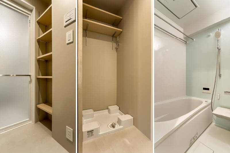 LDKにあるインターホン横の扉を開けると脱衣室。収納ニッチの対面に洗濯機置き場があります。浴室は乾燥機、暖房、追い焚き機能付き。