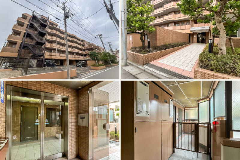 <b>左上・</b>ブラウンの外観が特徴。総戸数は43戸です。／<b>右上・</b>洋室のバルコニーが面するアプローチ部分。／<b>左下・</b>オートロックを抜けるとすぐに共用廊下というシンプルな造りです。／<b>右下・</b>玄関ドアの前にはポーチが。プライベート感があって◎