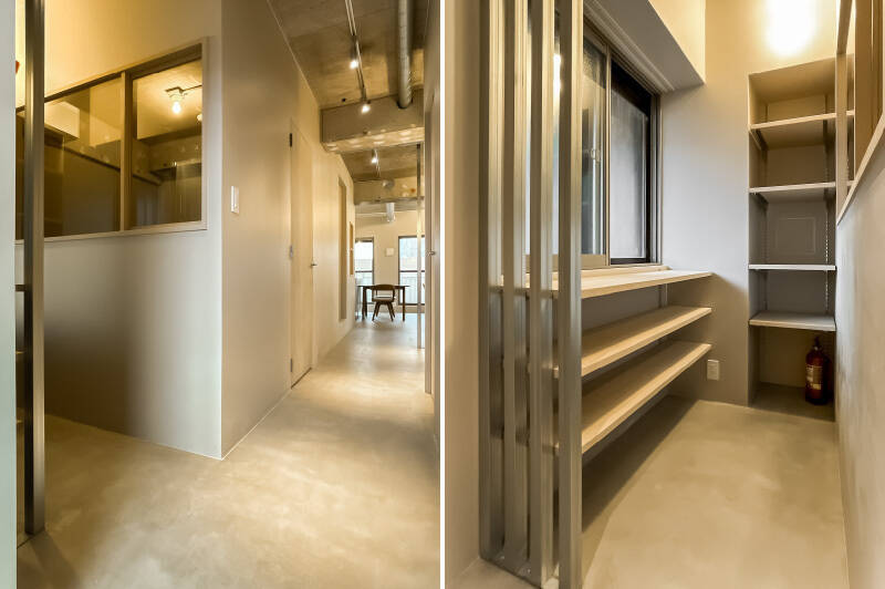 玄関ドアを開けた瞬間、クールな世界観に引き込まれます。モルタルの床はシューズインクローゼット(SIC)だけでなくLDKまで続き、海外ライクな “土足での暮らし” すら実現できそうです。