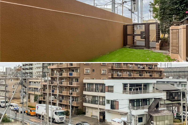 <b>上・</b>壁の向こうは比較的交通量の多い道路。／<b>下・</b>住戸位置はちょうどオレンジ色のトラックが停まっているあたりです。さらに背後にはJRや新幹線の線路が走っているため、なかなかに賑やかな環境。