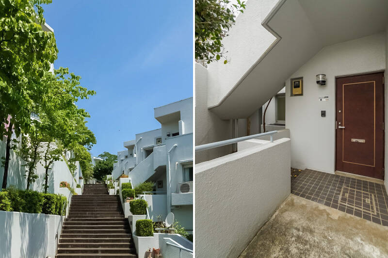 <b>左・</b>建築物の間を、空に向かって延びていく長い階段が絵になりますね! ちなみにこのマンション(9階建て)にはエレベーターが無いのですが、ご紹介するのは1階に所在している住戸ですのでご安心を。/<b>右・</b>各住戸の玄関前にはアルコーブのようなスペースが設けられており、プライベート感の高い造りです。