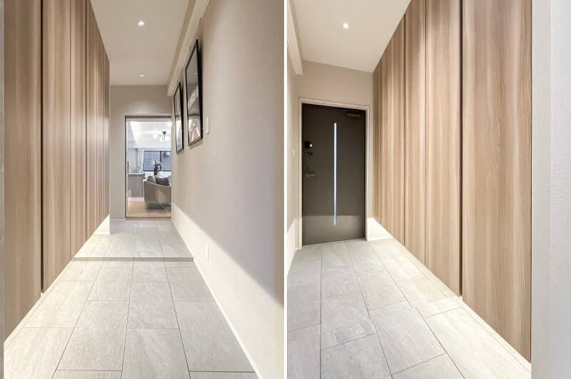 まずは玄関まわりから。シューズボックスは天井までの高さがあるトールサイズで、充実した収納力です。