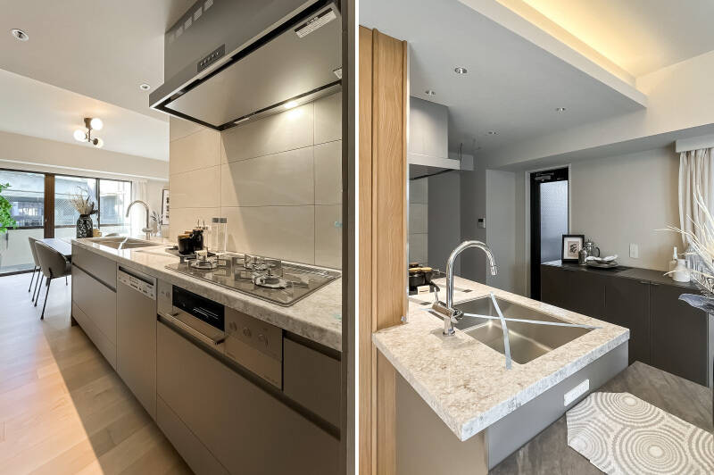 キッチンは食洗機付きで、グレーとシルバーを基調としたスタイリッシュなデザイン。背面には調理家電用の棚を置ける余白があります。また、生活感を抑えられるよう、冷蔵庫置き場はリビングダイニングから目が届かない位置に。