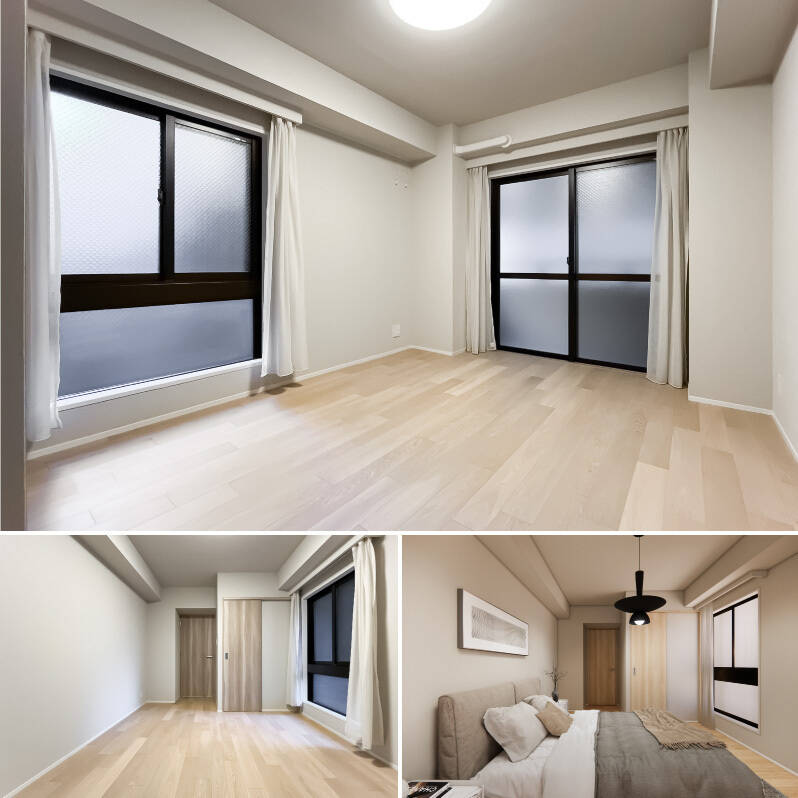 洋室Ａは北西の二面採光。右下のCGイメージでは、クイーンサイズのベッドを配置しています。