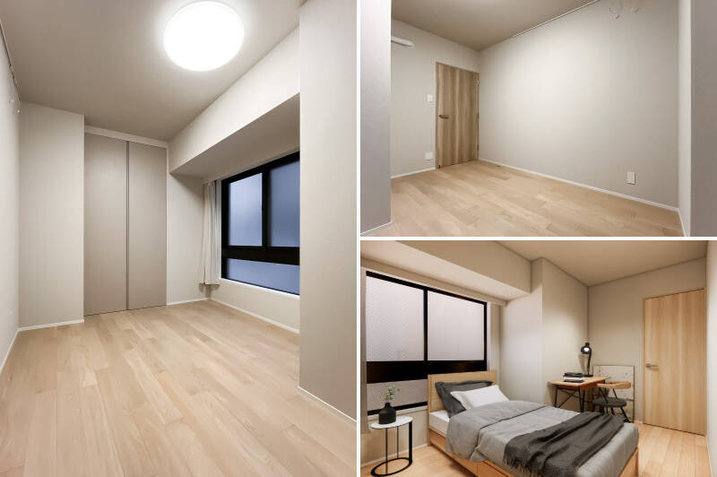 洋室Ｂは北向きで、コンパクトなクローゼットを完備。凹凸があるものの、ベッドのほかにもデスクなどを置ける広さです。右下のCGイメージではシングルベッドを配置しています。