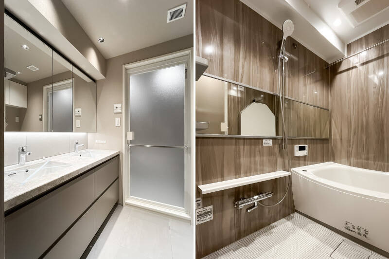 <b>左・</b>洗面台はツーボウル仕様。／<b>右・</b>ユニットバスは1317サイズを採用します。