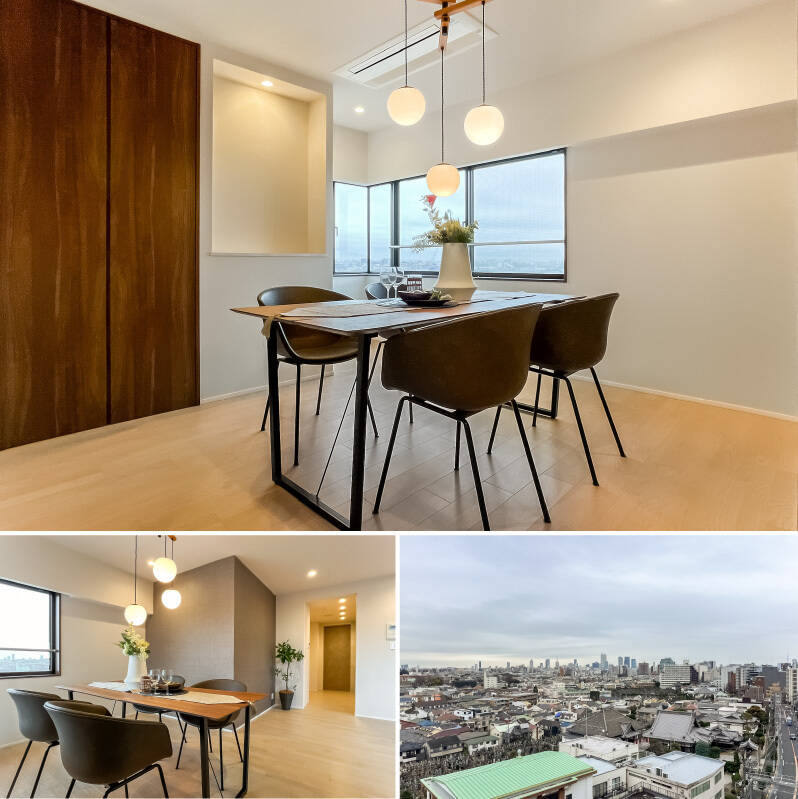 ダイニングスペースの近くにも窓があり、どこにいても空をすぐに感じられます。ニッチスペースや扉付きの収納が備わっており、見た目のデザインだけでなく機能性にもこだわりが。