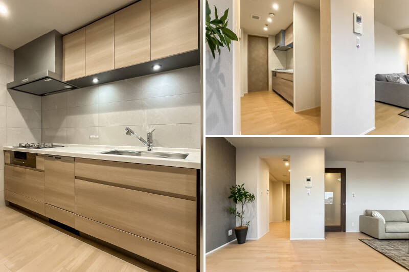 キッチンは3口コンロタイプで食洗機を完備。リビングダイニングからだけでなく、玄関近くからもアクセスできます。また、背面には大きめのキッチンボードを置けそうな余白が。冷蔵庫は、キッチン右手にスッキリと収まります。