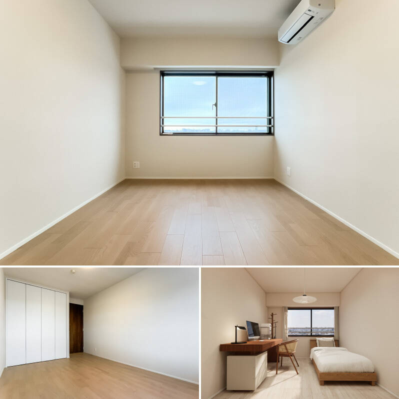 洋室Ａは南西向き。折れ戸2枚分のクローゼットを設置します。右下は、家具を配置したCGイメージ。