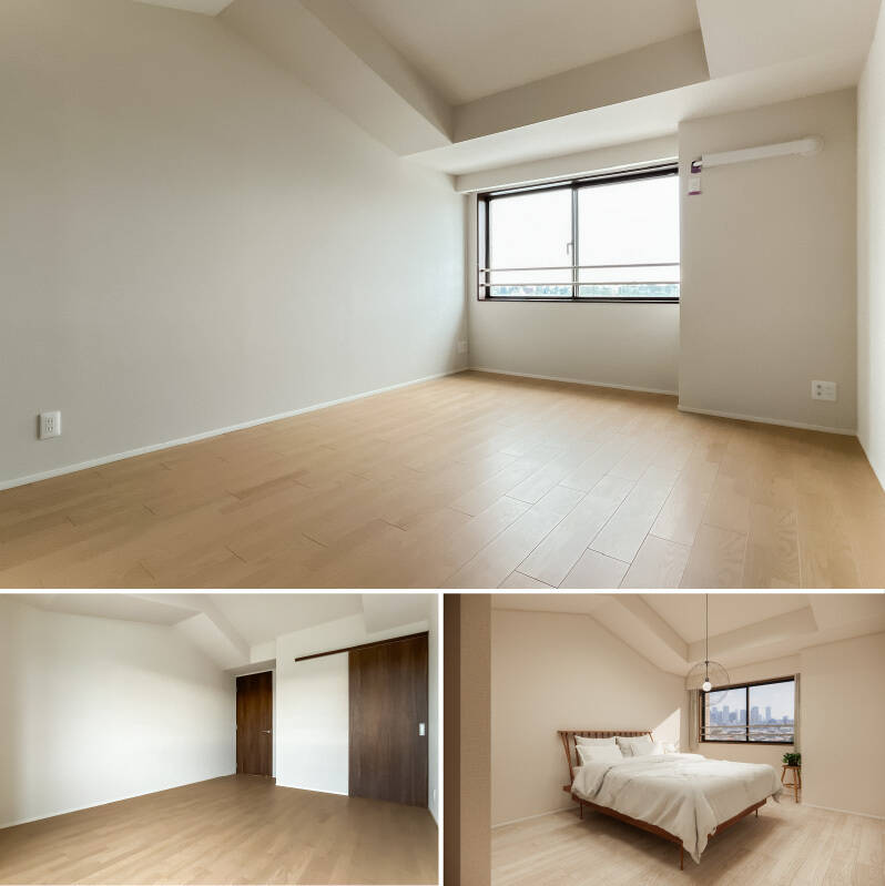 洋室Ｃは天井が勾配になっており、落ち着きのある空間です。大きめのウォークインクローゼット（WIC）が備わっています。右下は、クイーンベッドを配置したCGイメージ。