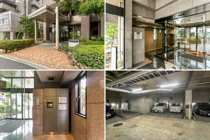 オートロック・宅配ボックス付きのエントランス。2025年11月現在、敷地内の駐車場には15台の空きがあり月額25,000円〜30,000円で利用できます。機械式のため、サイズ等現地でご確認くださいね。