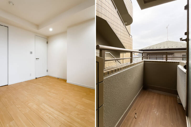 こちらの居室には南西向きのバルコニーが。バルコニーの左手はマンションの外階段に面しています。