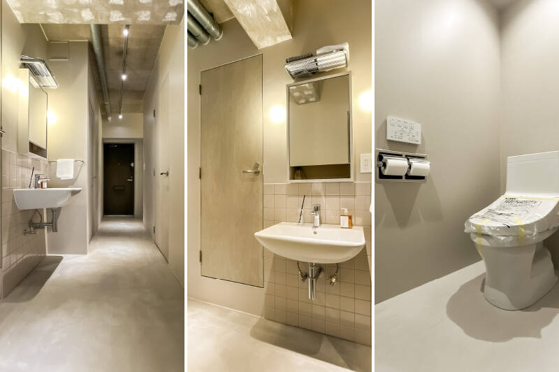 廊下沿いにはオープンな洗面台。手洗い・うがいが習慣になるだけでなく、お客さまを案内しやすいのもポイント。洗面台横の扉を開けるとトイレです。