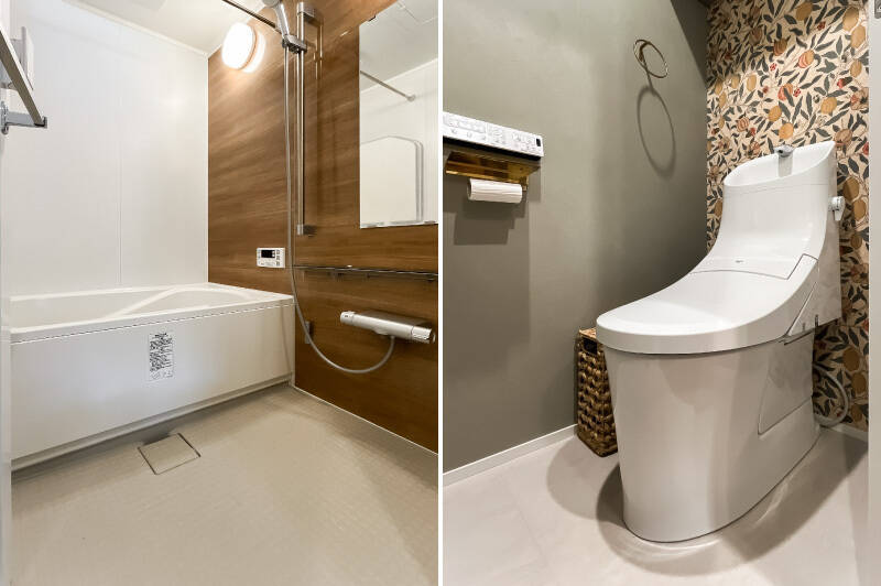 <b>左・</b>1418サイズのゆったりとしたユニットバス。／<b>右・</b>ウィリアム・モリスのクロスがアクセントのトイレ。