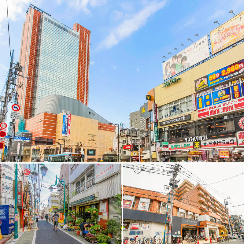 <b>上・</b>賑わい、人情、感度の高さ……様々が渦巻く人気タウン「三軒茶屋」。ご紹介するマンションまで駅からわずか徒歩3分です。／<b>左下・</b>徒歩2分でカフェ、八百屋、古着屋などが軒を連ねる「三軒茶屋栄通り商店街」に到着。／<b>右下・</b>マンションのお隣には24時間営業の「ダイエー 三軒茶屋店」。100円ショップも入っていて心強すぎます。