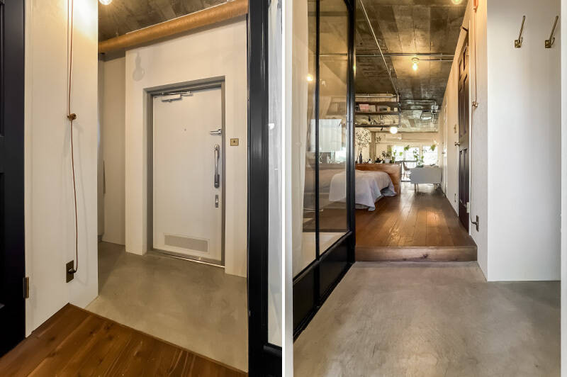 玄関ドアはマンション全体で2020年に更新済み。土間は奥へと続いていて、アウトドア用品やスーツケースなどを置いておけそうな収納スペースが確保されています。