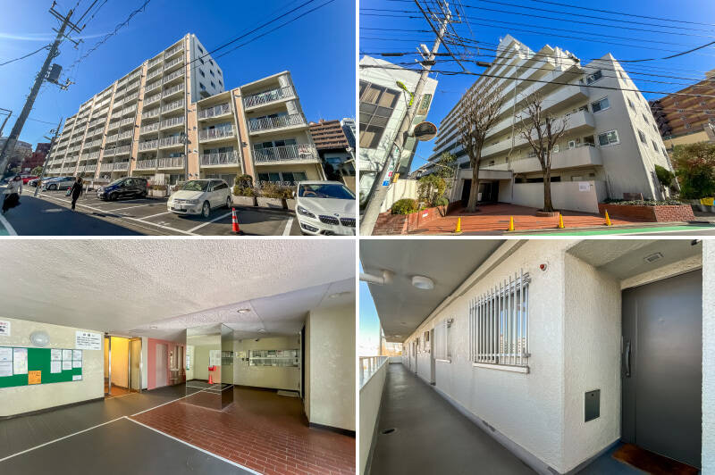 <b>左上・</b>1974年築、全88戸。平置き駐車場は2025年12月現在空きがあり、月額28,000円で利用可能です。最新の空き状況はお問い合わせください！／<b>右上・</b>通りに面したエントランス。2本のシンボルツリーが出迎えます。／<b>左下・</b>シンプルな共用ロビー。管理人さんは平日9-17時まで長時間勤務されています。／<b>右下・</b>明るい外廊下。住戸は5階に所在しています。