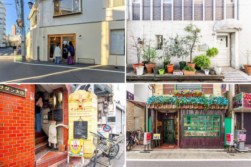 <b>左上・</b>取材時も待ち客がいた2024年末オープンの人気パティスリー「sarkara（サルカラ）」。見惚れるほど美しいケーキや焼き菓子を販売しています。（徒歩3分）／<b>右上・</b>専用の釜で焼くピザが絶品の「Trattoria e Pizzeria L’ARTE（トラットリア・ピッツェリア ラルテ）」。（徒歩1分）／<b>左下・</b>インドカレー「Shiva Curry Wara（シバカリーワラ）」。何度も百名店に輝くレジェンダリーなお店です。（徒歩9分）／<b>右下・</b>こちらは筆者のオススメ「喫茶セブン」。ぜひ店内のノスタルジックな空間に飲まれてください。（徒歩4分）