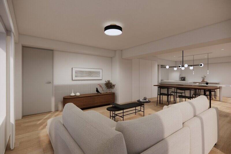 ニュアンスのあるグレーを基調として、ルーバーパネルをアクセントに添えた内装デザイン。リビングダイニングには両開き戸2枚分のクローゼットを設置予定です。